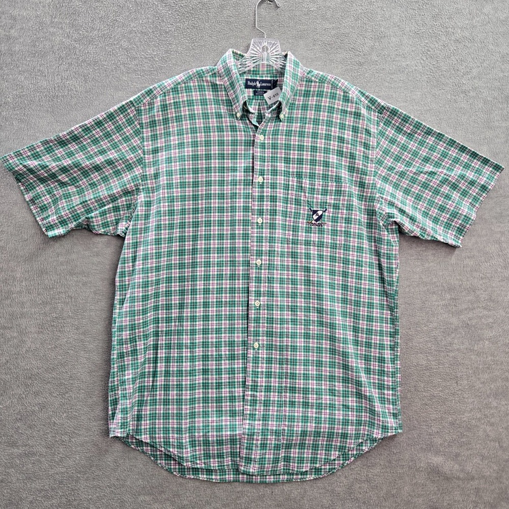 Ralph Lauren Men Button Up Shirt‎ Large Green Plaid Tilden Logo Shield